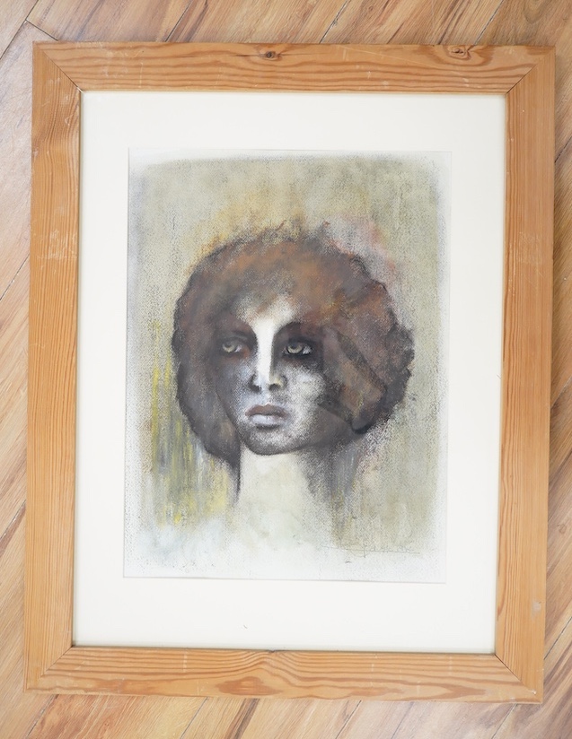 German School, mixed media, Study of a woman's head, indistinctly signed and dated 1982, inscribed 'Editors, Munich' verso, 52 x 38cm. Condition - good